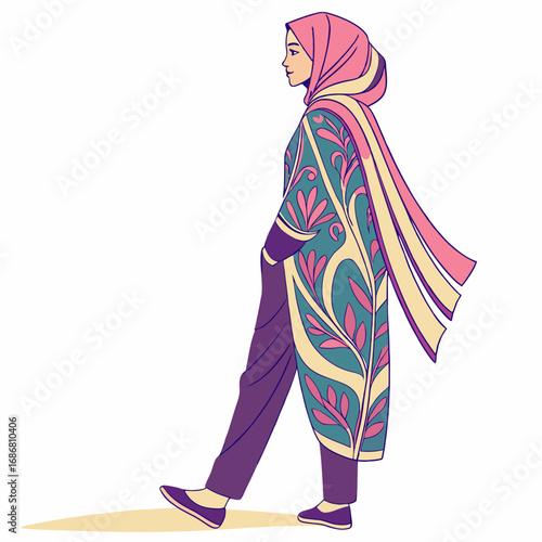 Colorful Illustration of a Woman in Hijab Walking with Patterned Coat muslim woman headscarf