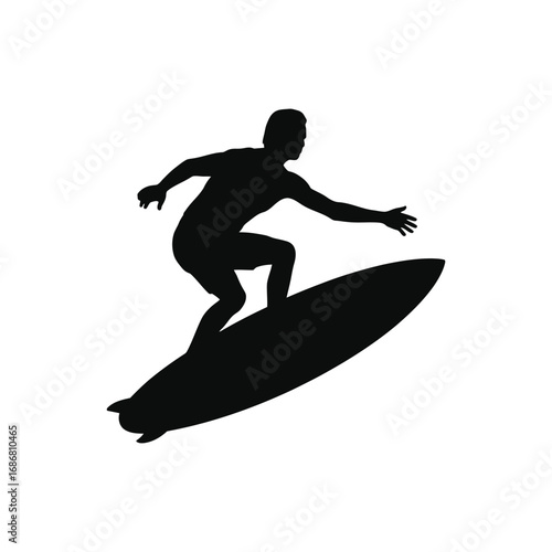 A black silhouette of a person on a surfboard icon vector