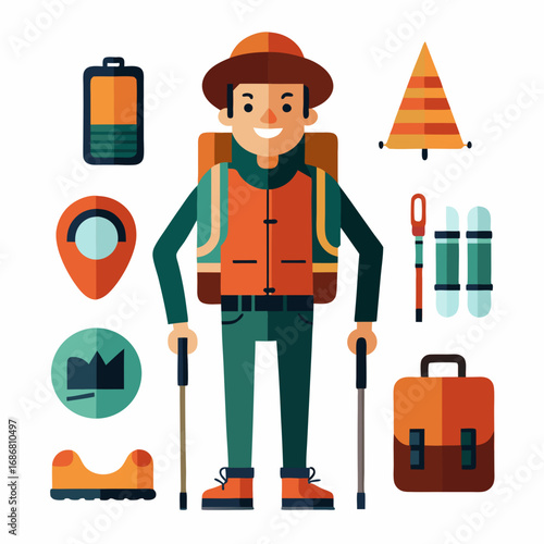 Flat design illustration of a happy hiker surrounded by camping and hiking equipment vector