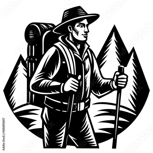 Hiker with backpack and trekking poles in stylized mountain landscape Keywords: hiker, trekking, walking, backpack, hiking, adventure, outdoor, sport, travel, journey, exploration, nature