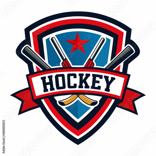 Hockey Club Emblem with Red Blue and White Shield Crossed Sticks and Star logo