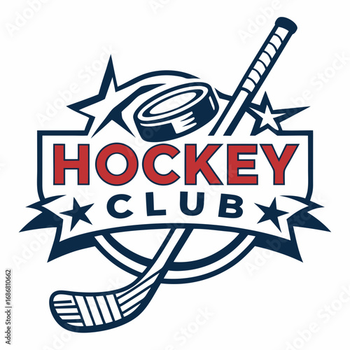 Hockey club logo with crossed sticks, puck, stars, and banner ice hockey sport