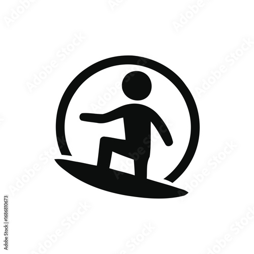 A black silhouette of a person on a surfboard icon vector