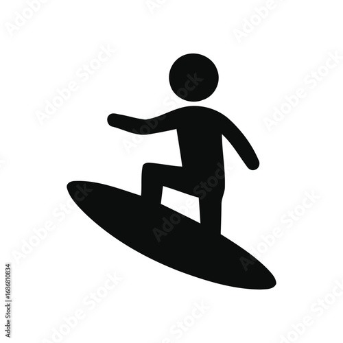 A black silhouette of a person on a surfboard icon vector