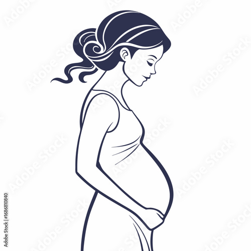 Minimalist Line Art of a Pregnant Woman Holding Her Belly on White silhouette expecting mother