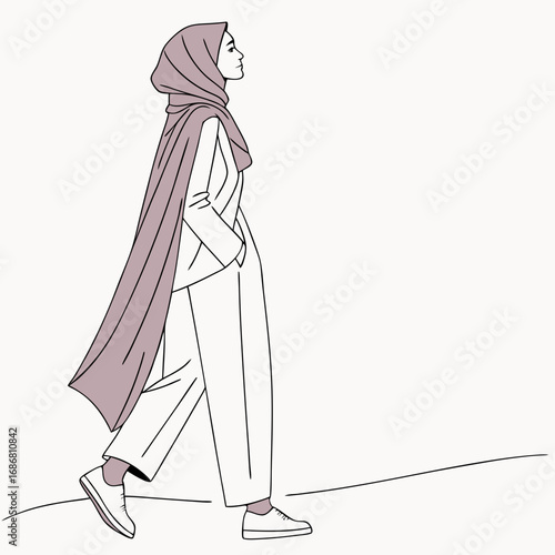 Minimalist Line Drawing of a Woman in Hijab and Trousers Walking muslim woman headscarf