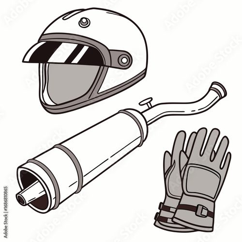 Motorcycle Helmet Exhaust Pipe and Gloves Line Art Illustration Keywords: motorcycle, motorbike, line art, illustration, drawing, outline, helmet, exhaust pipe, muffler, silencer, gloves, biker