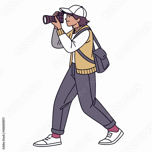 Person Wearing Cap and Vest Walking While Holding Camera On White Background Keywords: person, photographer, camera, cap, vest, walking, carrying, bag, casual, clothing, full body, illustration