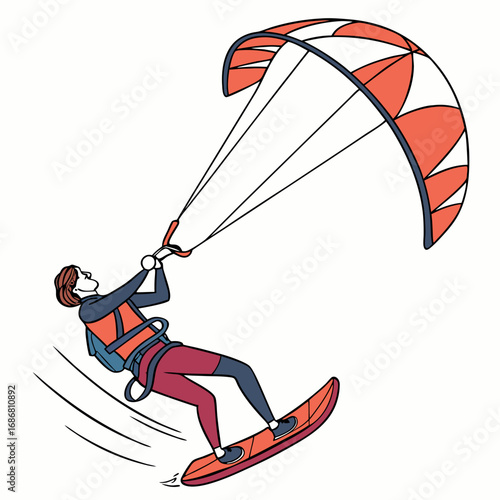 Person kitesurfing with orange and white kite and red vest on white background kiteboarding extreme sport