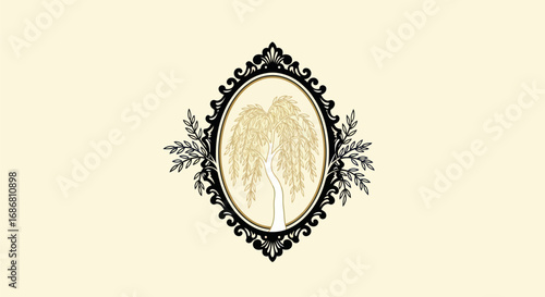 Vintage Ornate Oval Frame with Weeping Willow Illustration.