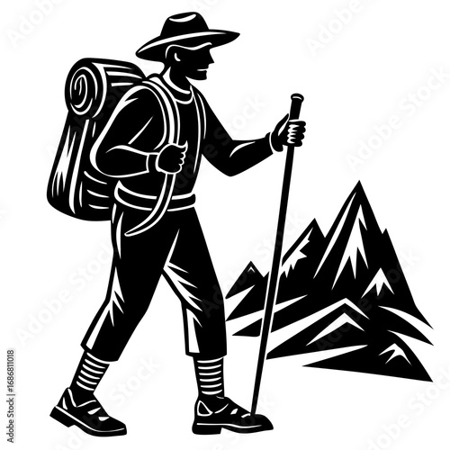 Silhouette of a hiker with a backpack and trekking pole against a mountain landscape mountains
