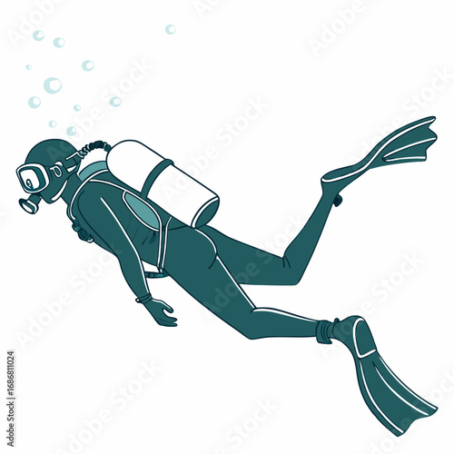 Scuba diver in teal suit swimming with bubbles on white background diving underwater