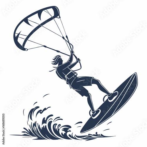 Silhouette of a kitesurfer riding a wave with a large kite kitesurfing kiteboarding