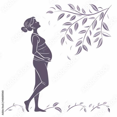 Silhouette of a pregnant woman looking up at a branch with leaves pregnancy expectant mother