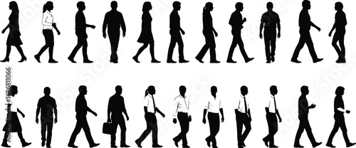 Black silhouette people walking in various postures and clothing styles with bags and accessories isolated on white background vector illustration