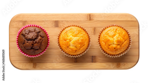 Three cupcakes, one chocolate and two vanilla, on a wooden board isolated on white isolated on transparent background