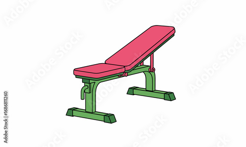A vibrant cartoon illustration of an adjustable incline weight bench with pink padding and a green frame.