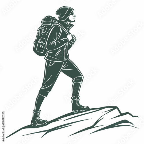 Stylized drawing of a hiker with backpack and poles ascending a rocky slope trekking climbing