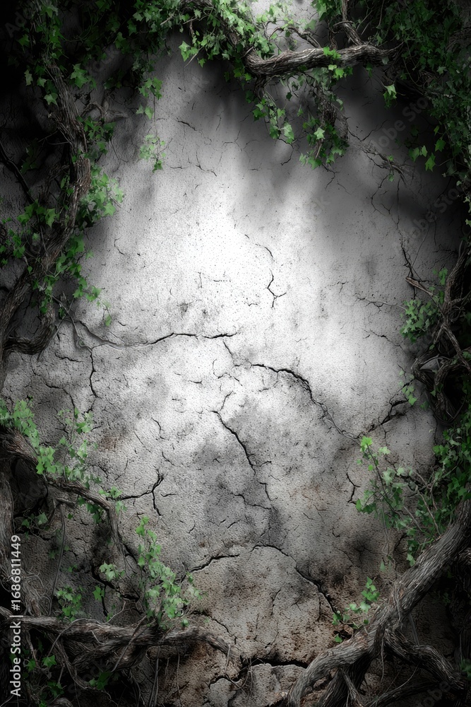 Naklejka premium Intricate vine-covered, cracked earth wall framed with moody green foliage, bathed in subtle light.