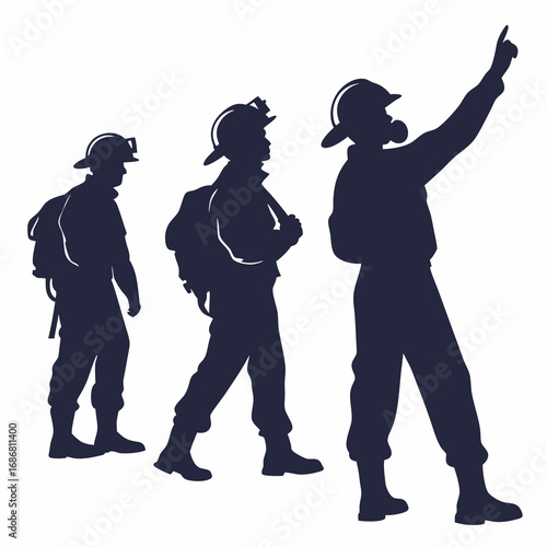 Three Firefighter Silhouettes in Progression Poses with Backpacks on White Background movement walking