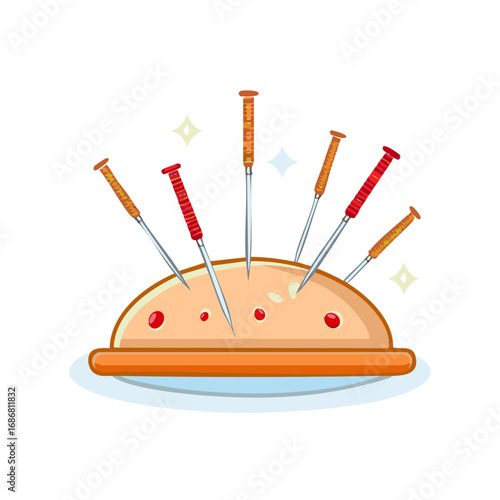 Acupuncture Needles Inserted into Back Cartoon Illustration Holistic Medicine Concept