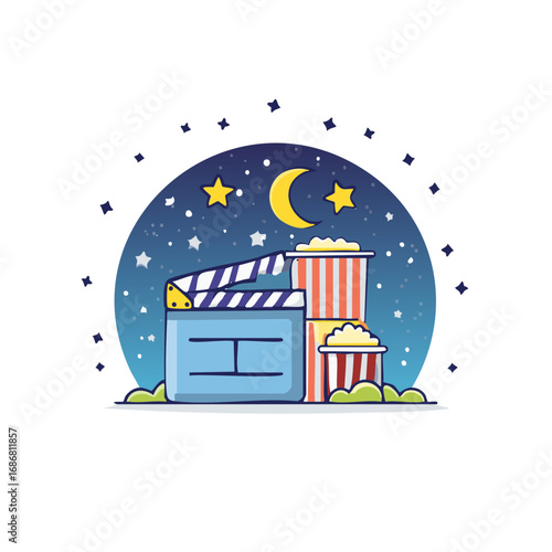 Cinema Night Scene Illustration with Clapperboard, Popcorn, and Stars
