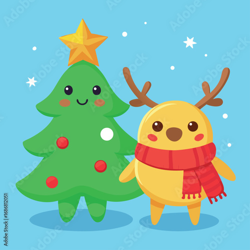 Vector illustration of cute christmas tree and reindeer character cartoon on a light blue background