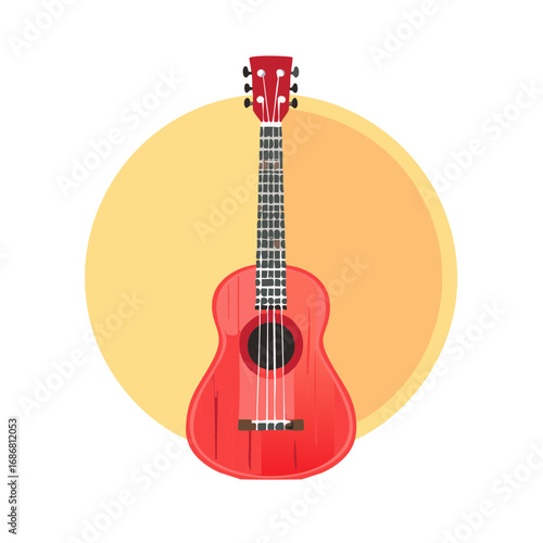 Red ukulele with yellow and orange background musical instrument