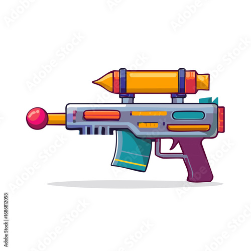 Cartoon futuristic laser gun with scope and magazine