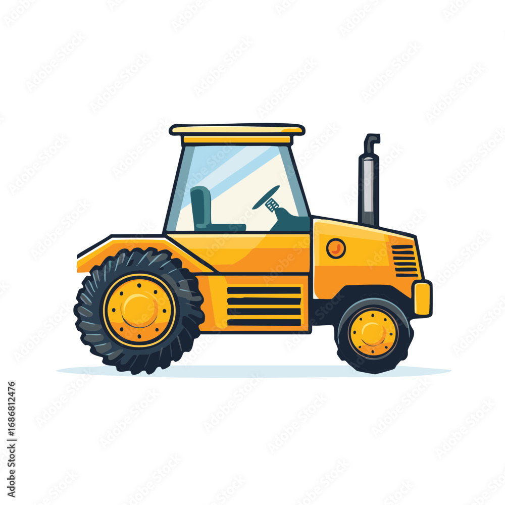 Naklejka premium Cartoon yellow tractor design with black tires, cabin, exhaust stack for kids concept and farm work