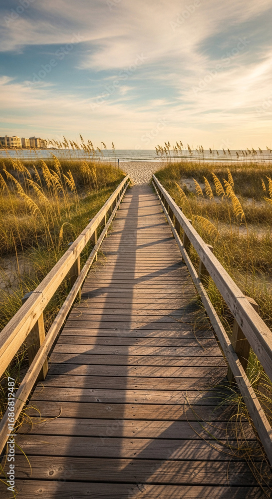 Obraz premium Wooden boardwalk path leading through a grassy marsh at sunset.