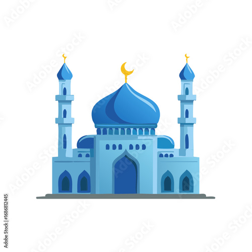 Stylized blue mosque with minarets and crescent moon