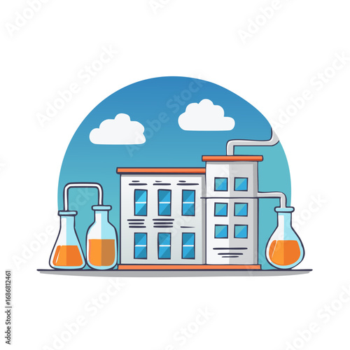 Cartoon Illustration of a Pharmaceutical Factory with Laboratory Flasks Under a Blue Sky