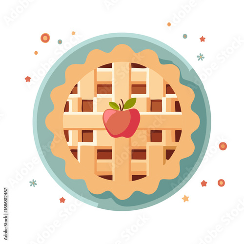 Delicious homemade apple pie in dish with decorative lattice crust and red apple for dessert presentation illustration