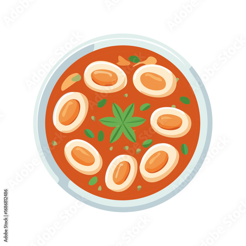 Overhead view of a bowl of egg curry with decorative green leaves, delicious food dish isolated