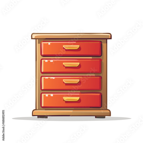 Illustration of a compact wooden dresser with four vibrant red pull-out drawers