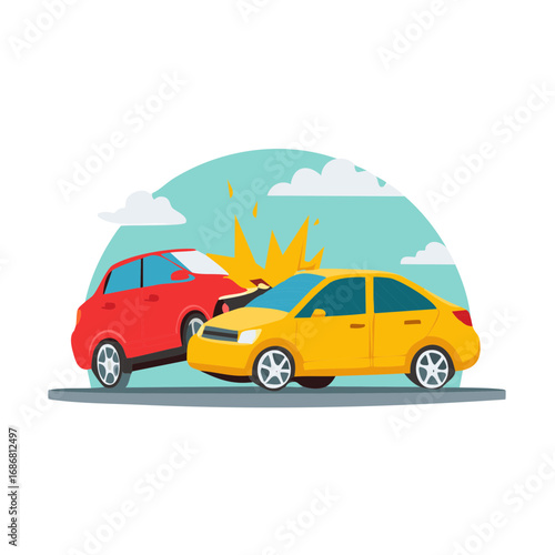 Two cars colliding in a traffic accident with explosion and debris