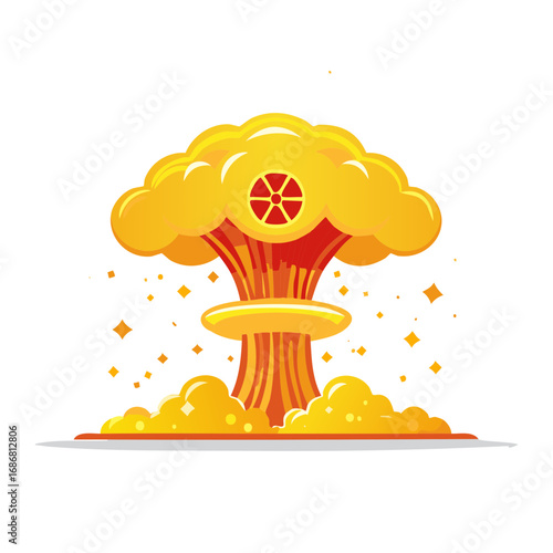 Stylized nuclear explosion illustration. Bright orange and yellow mushroom cloud rising after detonation.