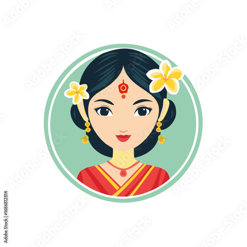 Beautiful Hindu Woman Cartoon Portrait with Flowers and Traditional Red Sari
