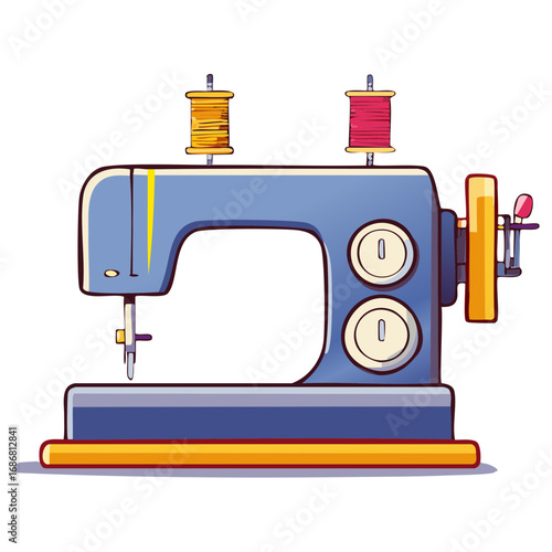 Retro sewing machine cartoon illustration for dressmaking craft and tailoring hobby