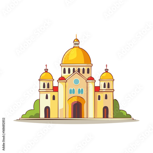 Golden Domed Church Building Isolated on White Background Illustration with Green Shrubbery