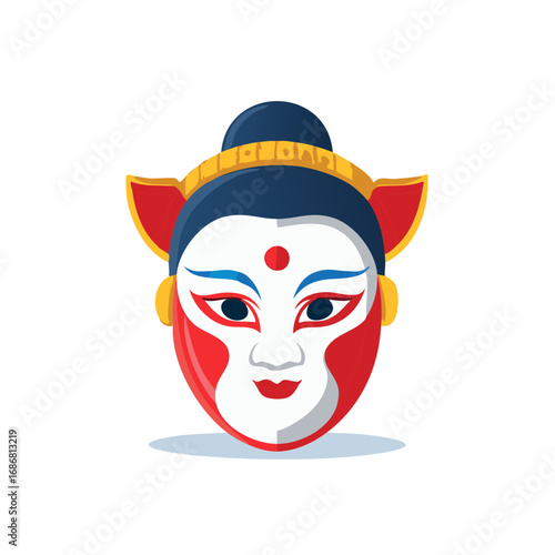 Colorful Traditional Japanese Mask Noh Theatre with Headwear and Red Circle Design