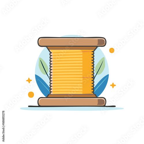 Yellow thread wound on a wooden spool with leaves and decorative elements