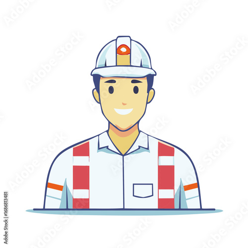 Illustrated construction worker with hard hat and safety gear depicted in vector graphic style showing a smile