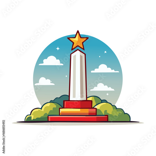 Cartoon illustration of a victory monument with a golden star for achievement and success