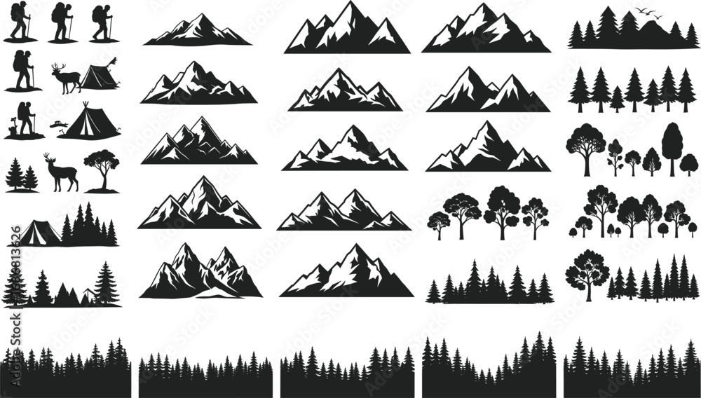 Naklejka premium Black Silhouette Vector Set of Hiking, Camping, Mountains, Forests, and Outdoor Adventure Scenes for Nature, Travel, and Wilderness Illustration