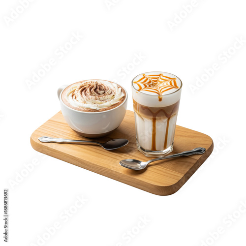A hot creamy cup of cappuccino with chocolate, a spoon, and a lot of milk, isolated on a white background