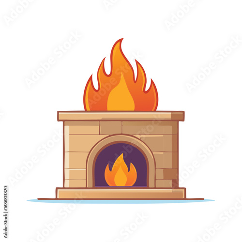 Cozy brick fireplace with warm burning flames cartoon vector icon