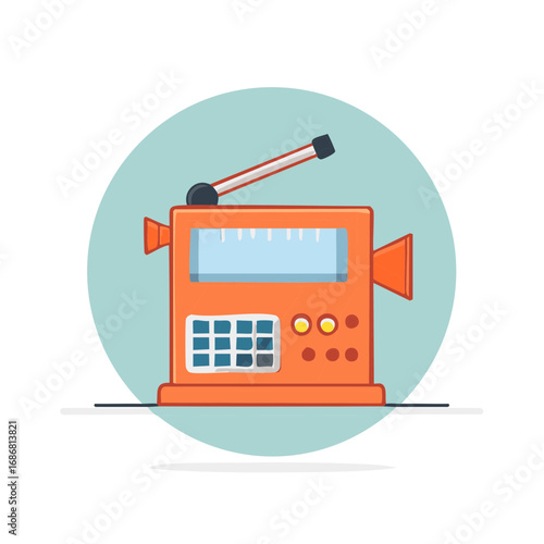Vintage style portable orange radio with extendable antenna and tuning dial display in a flat cartoon illustration