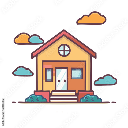 Cartoon style house with clouds around simple and modern design illustration
